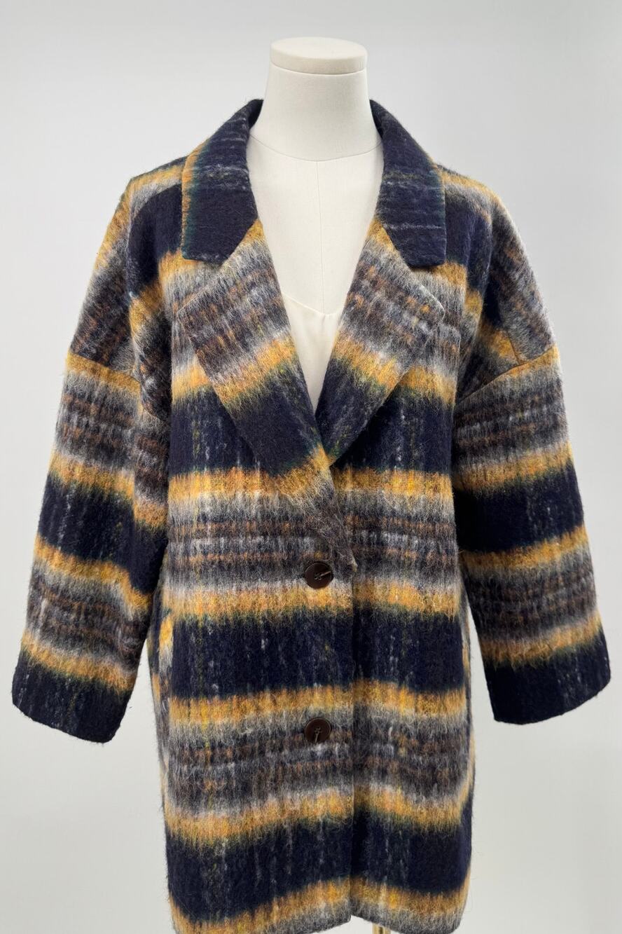 Gorman Plaid Wool Cocoon Coat Navy Yellow Stripe Overcoat Jacket 12 L